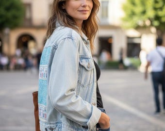 Customized Denim Jacket - Handmade Women's Fashion Statement - Denim jacket with Traditional motif - Denim apparel for Woman