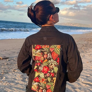 Black Denim Jacket for Women with Vintage Jungle Pattern Design - Handmade Gobelin Cotton Fabric Outerwear - Unique Gift for Her