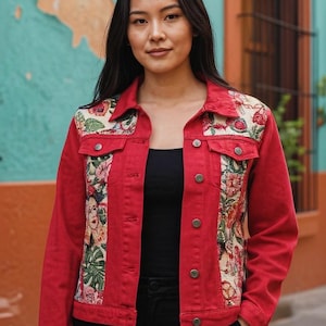 Frida Kahlo Customized Denim Jacket - Denim Jacket for Women - Patchwork Denim Jacket - Red Denim Jacket with Frida Kahlo-Embellished Jacket