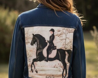 Custom women's denim jacket, patterned women's jacket, blue denim jacket