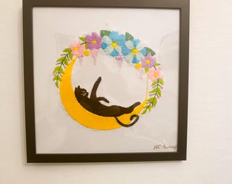 Hand-embroidered cat on the moon frame, custom embroidery and available for hanging, cat on the moon