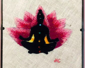 Handmade Yoga Embroidery - Woman Hand Embroidery with Cotton & Beads - Textile Art for Wall Decor - Gift for Yoga Lovers 