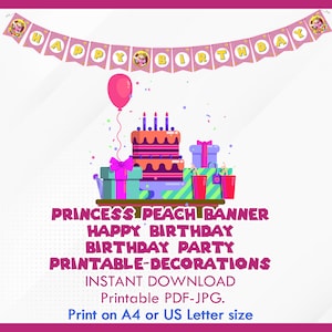 Princess Peach banner Happy Birthday Birthday party Printable Decorations Instant Download printable pdf jpg A4 or us letter size
