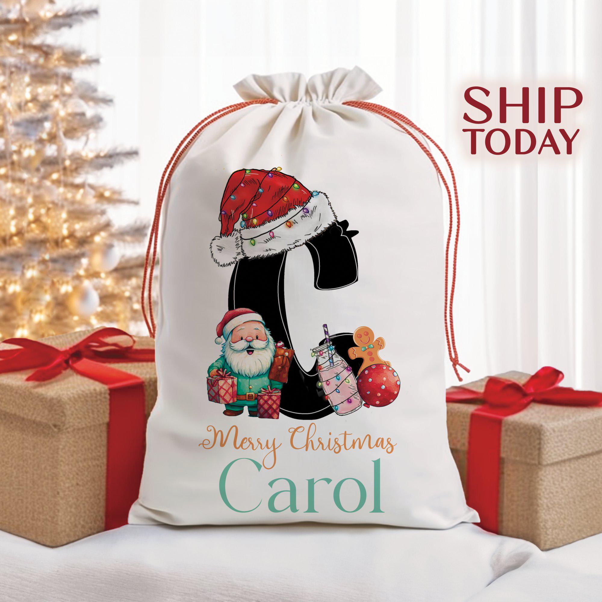 Personalized Name and Initial Christmas Gift Bag, Custom Santa Claus Design Gift Bags, Holiday Present Bag, Festive Gift Wrap, (S-38)