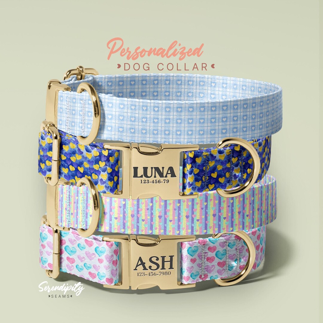 Blue Pattern Custom Engraved Dog Collars, Personalized Pet Accessory ...