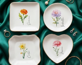 Best Friend Birthday Gift |Personalized Birth Flower Jewelry Dish | Custom Name Ring Holder | Ceramic Trinket Tray Vanity Decor (FJ-12)