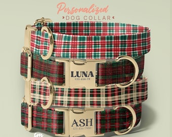 Custom Christmas Plaid Dog Collar With Name and Number: Holiday Pet Gift, Custom Dog Accessory(P225)