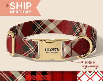 Red and White Plaid Dog Collar And Leash,  Custom Engraved Personalized Collar, 1 Inch Wide, Designer Dog Collar, (P47)