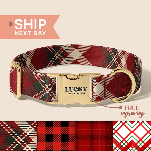 Red and White Plaid Dog Collar And Leash,  Custom Engraved Personalized Collar, 1 Inch Wide, Designer Dog Collar, (P47)