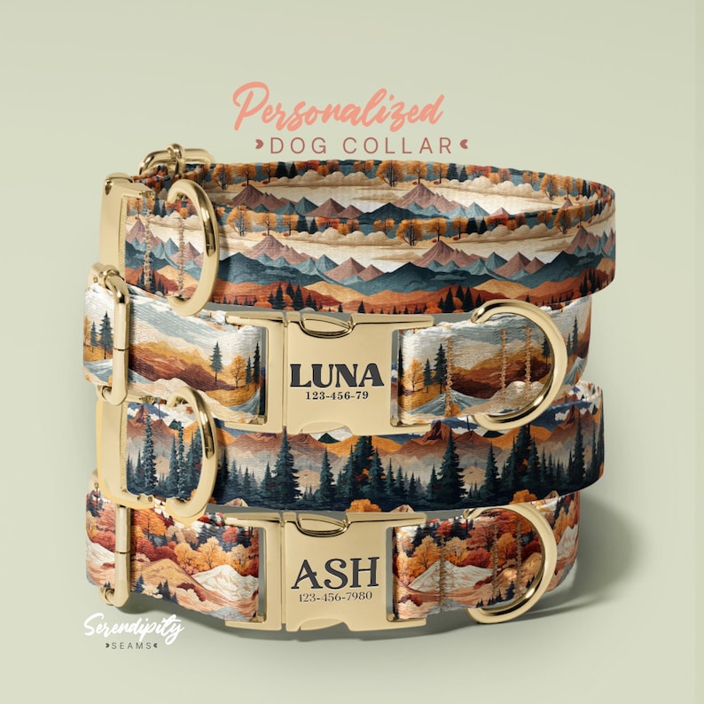 Collar para perro con diseño de bosque, grabado, personalizado con nombre, regalo para amantes de los perros, único (P109) imagen 1