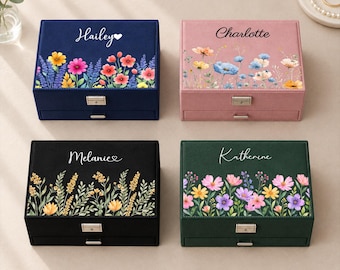 Personalized Floral Jewelry Box with Drawer, Wildflower Jewelry Organizer with Custom Name (S-1)