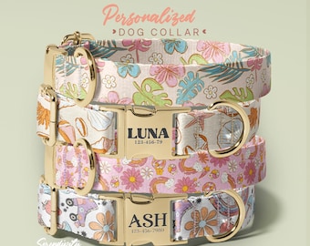 Customized Floral Dog Collar With Name, Engraved Dog Collar Gift, Personalized Dog Collar With Dog Name, Cute Dog Collar, (P122)