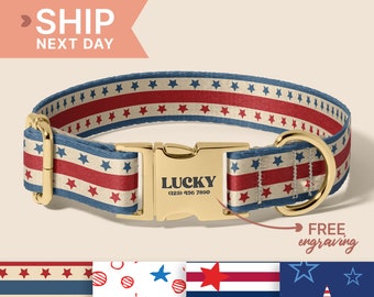 Blue, Red and White Plaid Adjustable Dog Collar, USA Flag Dog Collar, Personalized Dog Name Gift, 1 Inch Wide Collar, (P38)