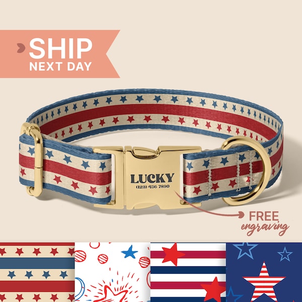 Blue, Red and White Plaid Adjustable Dog Collar, USA Flag Dog Collar, Personalized Dog Name Gift, 1 Inch Wide Collar, (P38)