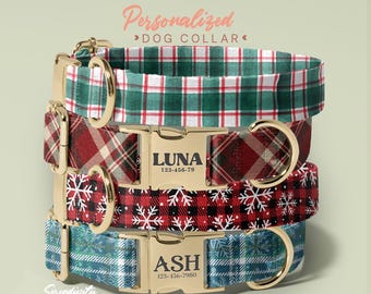 Buffalo Plaid Dog Collar, Handmade Solid Dog Purple Collar Leash Set, Engraved Metal Buckle Plate, Free Pet Name Tag, (P26)
