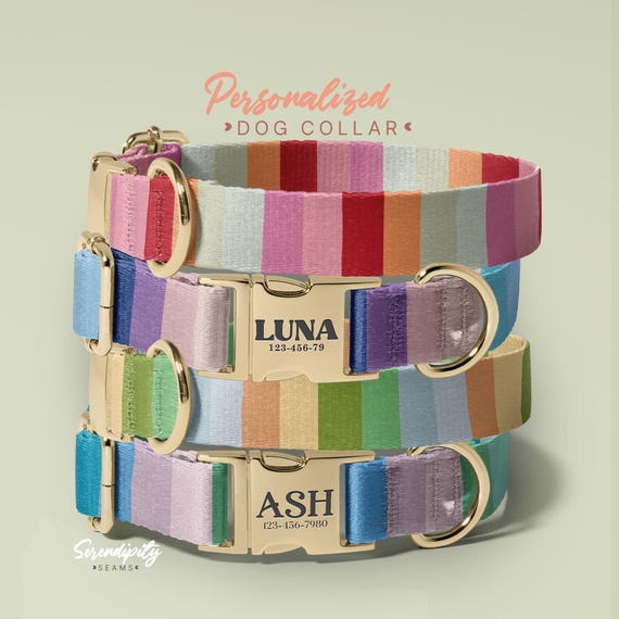 Personalized Striped Dog Collar, Soft & Adjustable, Collars for Small Medium Large Dogs, Colorful Pet Collar, Dog Collar With Name, (P12)