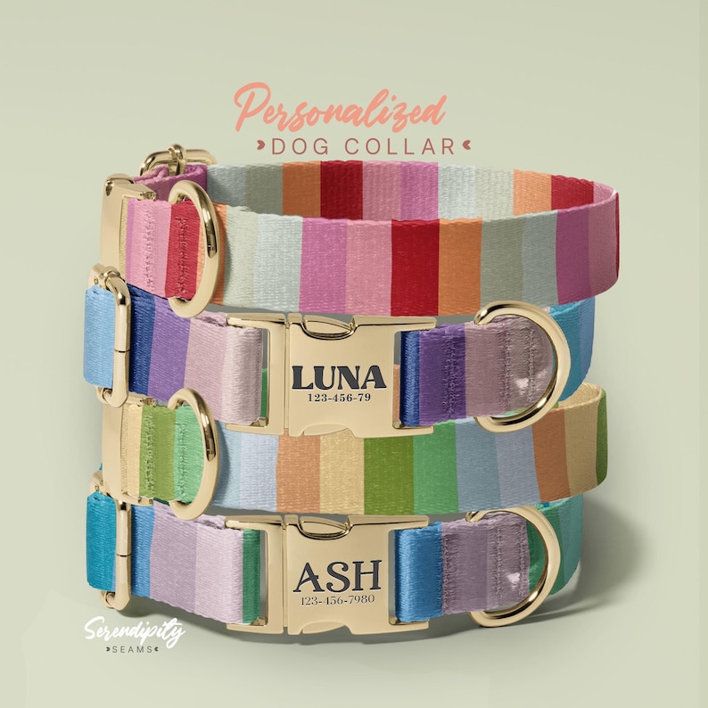 Personalized Striped Dog Collar, Soft & Adjustable, Collars for Small Medium Large Dogs, Colorful Pet Collar, Dog Collar With Name, (P12) image 1