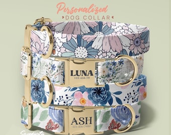 Flowers Pattern Dog Leash - Custom Dog Leash Girl - Floral Pet Leash Small Large - Engraved Dog Collar With Name - Dog Collar Girl (P82)