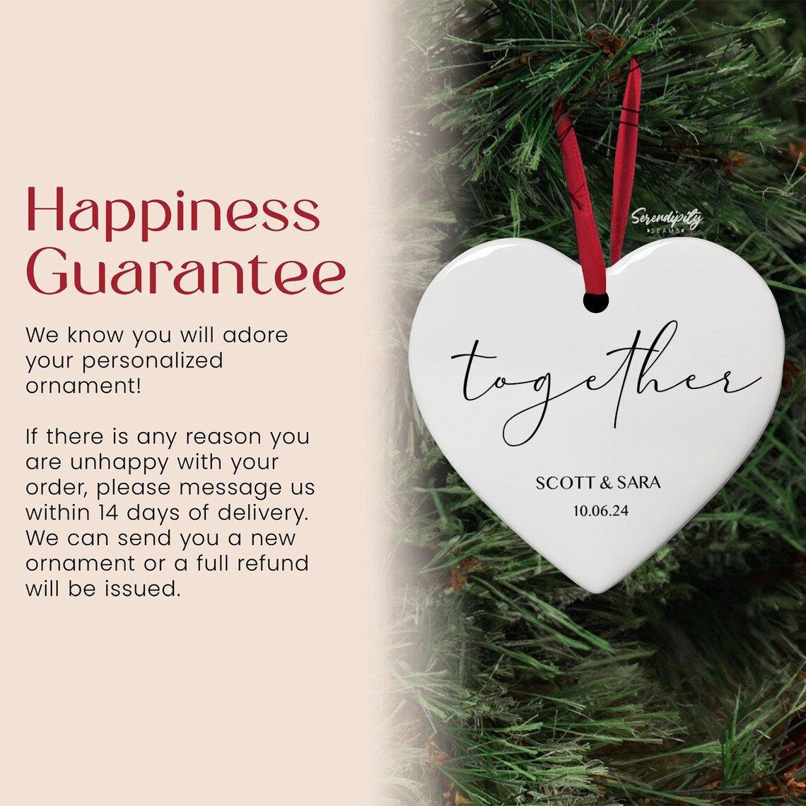 Together Heart Shaped Hanging Ornament, Wedding Date Personalized Heart