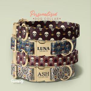 May include: A stack of four dog collars featuring various skull and pumpkin patterns with gold-toned metal buckles. Two buckles are engraved with the names LUNA and ASH, along with phone numbers. The text Personalized DOG COLLAR is visible.