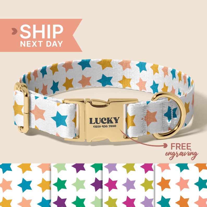 a dog collar with stars on it and a free shipping tag