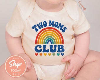 Two Moms Club Baby Onesies® Brand Rainbow Hearts | LGBTQ Family Pride Bodysuit | Lesbian Moms Gift Baby Shower (KA-PRI91)
