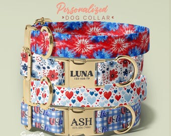 Personalized 4th Of July Dog Collar, Independence Day Dog Collar WIth Leash, USA Flag Dog Collar With Name, (P113)
