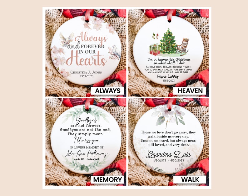 four personalized christmas ornaments with a poem