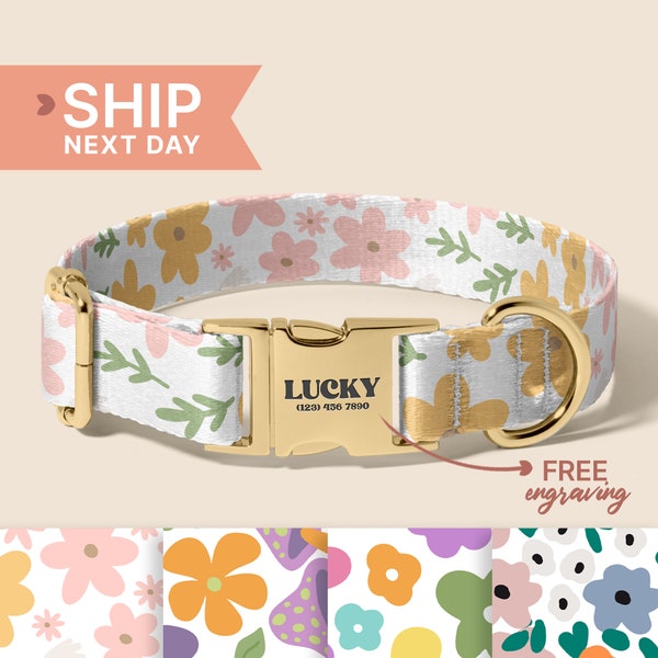 Floral Personalized Dog Collar Bow Tie Leash Set, Custom Engraved Pet Name Metal Buckle, Customizable Birthday Puppy Gift (P44)