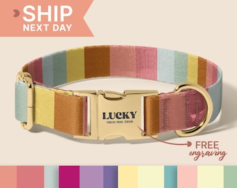 Striped Dog Collar with Name - Personalized Collars for Small Medium Large Dogs - Colorful Pet Collar - Adjustable Size