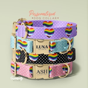 Custom Engraved Dog Collar, Personalized Pride Pattern Dog Collar with Colorful Hearts, Durable Pet ID Collar with Rainbow Hearts(P186)