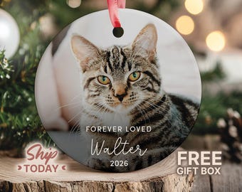 Puede incluir: Un adorno redondo de cerámica blanca con una impresión fotográfica de un gato atigrado marrón. El texto "FOREVER LOVED", el nombre "Walter" en fuente cursiva y el año "2026" están impresos en la superficie. Una cinta roja está sujeta en la parte superior.
