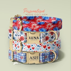 Personalized 4th Of July Dog Collar, Independence Day Dog Collar WIth Leash, USA Flag Dog Collar With Name, (P113)
