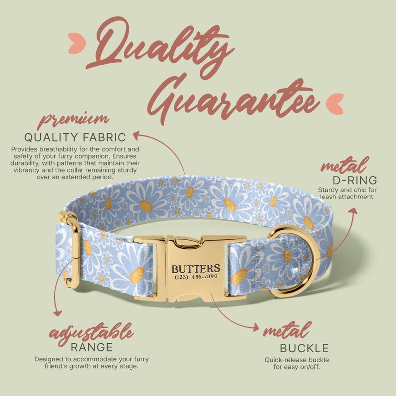 Floral Custom Engraved Name Dog Collars, Personalized Dog Collar With Name Engraving, Metal Buckle Pet Id Collar For Dogs(P217) image 5