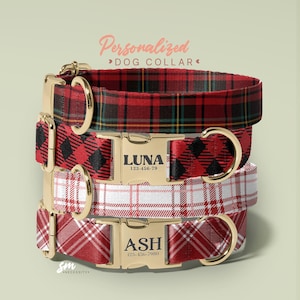 Plaid Personalized Dog Collar And Leash Set - Engraved Name On Dog Collar - Checked Dog Collar - Stylish Dog Accessories (P80)