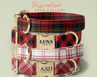 Plaid Personalized Dog Collar And Leash Set - Engraved Name On Dog Collar - Checked Dog Collar - Stylish Dog Accessories (P80)