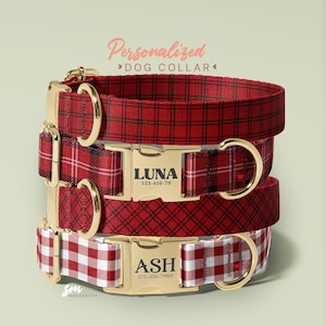 Plaid Dog Collars Personalized Dog Collars - Custom Dog Collar With Name - Engraved Metal Buckle Collars - Cute Dog Collars (P92)