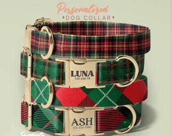 Personalized Dog Collar Leash Bowtie In Christmas Pattern - Engraved Name On Dog Collar - Checked Dog Collar - Dog Accessories(P70)