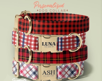 Buffalo Plaid Dog Collar, Christmas Dog Collar With Leash, Girly Dog Collar Gift, Slide On Bow for Dog Collar, (P34)