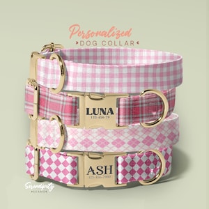 Buffalo Plaid Boy Dog Collar With Personalized Tag, Pink Plaid Dog Collar, Engraved Name on Dog Collar, Present for Female Dog, (P32)