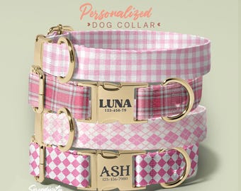Buffalo Plaid Boy Dog Collar With Personalized Tag, Pink Plaid Dog Collar, Engraved Name on Dog Collar, Present for Female Dog, (P32)