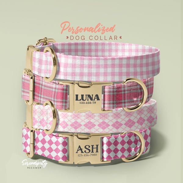 Collar para perro a cuadros estilo búfalo con placa personalizada, rosa, nombre grabado, regalo para perra (P32)