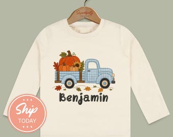 Personalized Pumpkin Truck Toddler Shirt - Custom Name Fall Kids Tee - Thanksgiving Outfit(KA-FAL5)