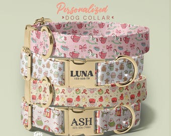 May include: Four personalized dog collars stacked, each with a gold buckle. The top collar is pink with a teacup and rocking horse pattern. The middle collar is white with a cupcake pattern. The bottom collar is beige with a Christmas pattern. The text "Personalized Dog Collar" is at the top.