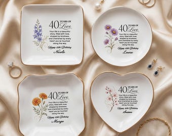 Personalized 40th Birthday Keepsake Jewelry Dish | Custom Ring Holder Gift for Women| Floral Keepsake Trinket Tray(FJ-103)