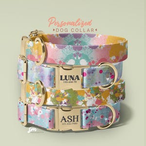 Colorful Watercolor Personalized Bow Tie Dog Collar And Leash Set - Handmade Wedding Dog Collar With Custom Engraved Nameplate (P84)