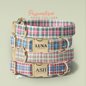 Customized Plaid Dog Collars, Engraved Name On Dog Collar, Checked Dog Collar, Collar for Small to Large Dogs, Different Combo, (P4)