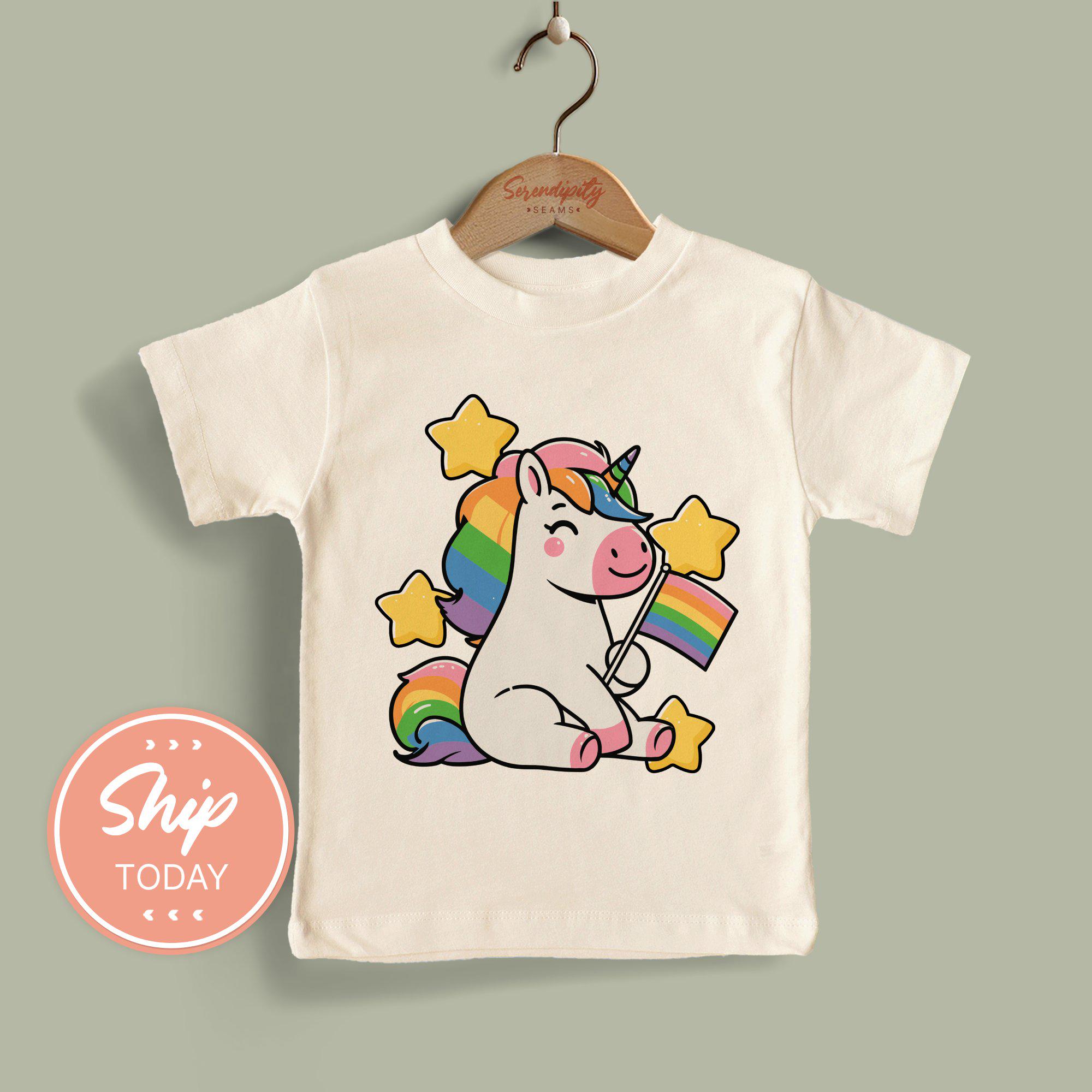 Regenbogen Einhorn Stolz Kleinkind Shirt, LGBTQ+ Kinder Grafik T-Shirt, süßes Regenbogen Stern Design, Pride Month Kleinkind(KA-PRI84)
