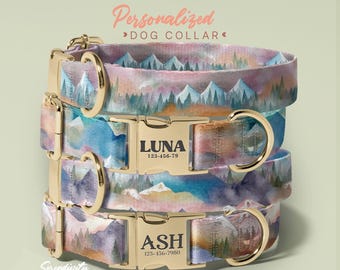 Mountains Dog Collar, Customized Pet Accessories, Adjustable Dog Collar, Personalized Engraved Dog Name, Dog Lover Gift, (P16)
