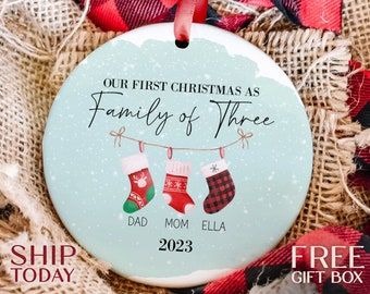Our First Christmas As Family Of Three Ornament, Custom Daddy Mommy Ornament, Family Keepsake, Custom Baby Name Ornament